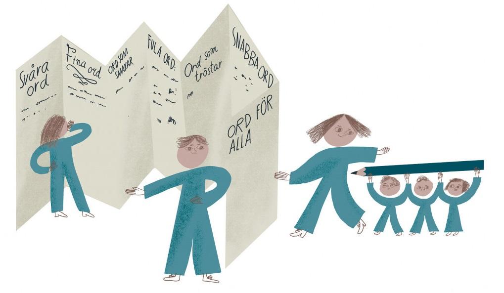 Illustration med tecknade figurer som läser olika sorters ord på ett enormt pappersark och några som bär på en blyertspenna.